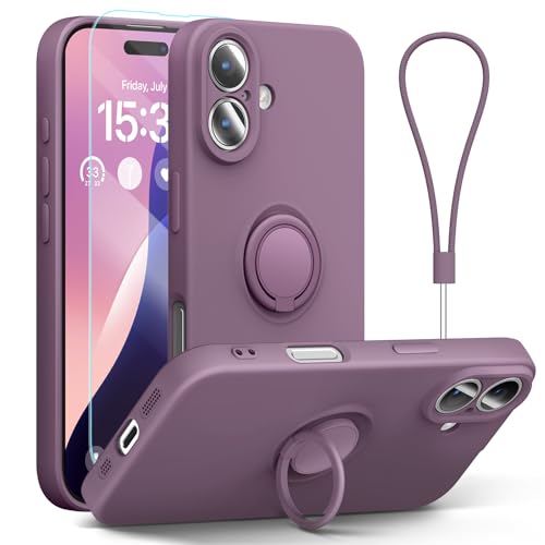 ABITKU Schutzhülle für iPhone 16 mit Ringständer, Flüssigsilikon, schlankes Design, magnetische Autohalterung (mit Handschlaufe), Handyhülle für iPhone 16 6.1'', Lila von abitku