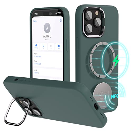 ABITKU Silikon NFC Hülle Kompatibel mit iPhone 14 Pro Max, mit Smart NFC Liquid Silicone Cover (Unterstützung Magnete MagSafe), mit Kameraschutz Invisible Kickstand Case Cover 6,7 Zoll, (Grün) von abitku