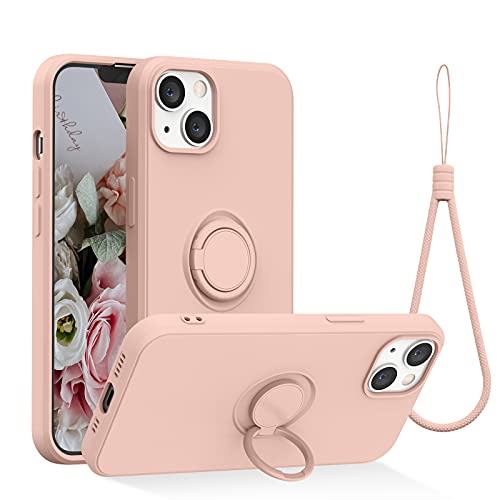 abitku für iPhone 13 Handyhülle(6,1"), Flüssige Silikon Handyhülle Ultra Dünne Voller Schutz Hülle mit 360° Drehbarer Ring Ständer,Hüllen mit Handgelenkschlaufen (Rosa) von abitku