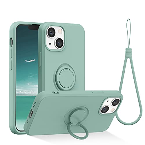 Abitku für iPhone 13 Mini Handyhülle(5,4"),Flüssige Silikon Handyhülle Ultra Dünne Voller Schutz Hülle mit 360° Drehbarer Ring Ständer,Hüllen mit Handgelenkschlaufen (Minzgrün) von abitku
