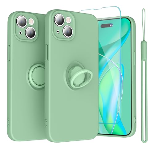 abitku Ring Kickstand Case for iPhone 15 Case (6.1 inch), Support Magnetic Car Mount (with Strap Rope) Women Girl Silicone Cover Case for iPhone 15 2023, Army Green (Mint) von abitku