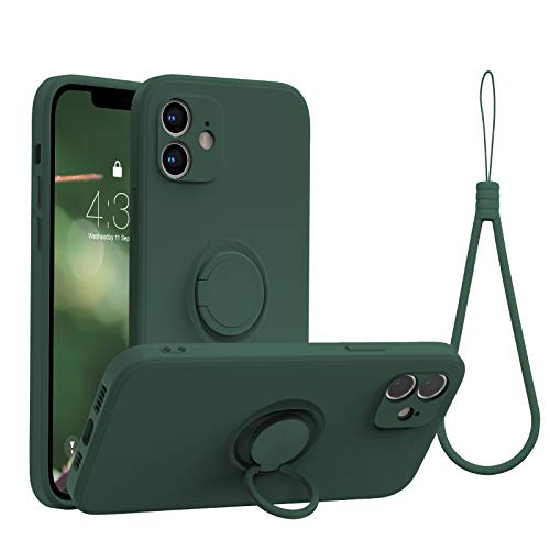 abitku für iPhone 12 Handyhülle(6,1"),Ultra Slim Flüssige Silikon Case mit 360° Ring Ständer & Lanyard,Hülle mit kameraschutz & innem Microfaser Tuch(Full Cover),Grün von abitku