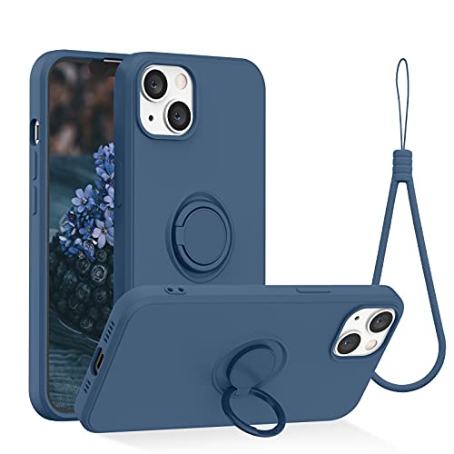 abitku für iPhone 13 Handyhülle(6,1"), Flüssige Silikon Handyhülle Ultra Dünne Voller Schutz Hülle mit 360° Drehbarer Ring Ständer,Hüllen mit Handgelenkschlaufen (Blau) von abitku