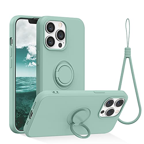 Abitku für iPhone 13 Pro Handyhülle(6,1"),Flüssige Silikon Handyhülle Ultra Dünne Voller Schutz Hülle mit 360° Drehbarer Ring Ständer,Hüllen mit Handgelenkschlaufen (Minzgrün) von abitku