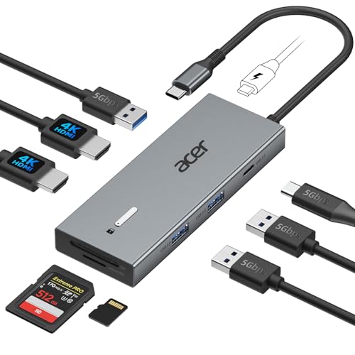 acer USB C Docking Station Dual HDMI, 9IN1 Typ C Hub auf HDMI 4K@60Hz, 3*USB-A, 1*Typ-C 5Gbps, 100W PD, SD/TF Kartenleser, Multiport für 2 Monitoren, Dell, Chromebook, MacBook Air/Pro, Surface usw. von acer