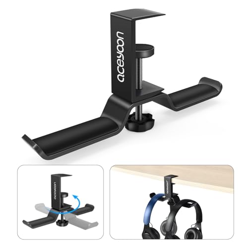 aceyoon Headset Halterung, 360 Grad Drehbar Kopfhörer Ständer Dual Headset Ständer Schreibtisch Aluminium Kopfhörer Halterung für Bluetooth Gaming Headset und Kopfhörer Haken, Schwarz von aceyoon