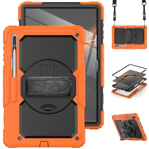 Schutzhülle für Samsung Galaxy Tab S8 Ultra Cover 14,6 Zoll Prävention Silikon Soft Shell Heavy Duty Stoßfest Eingebauter Kickstand 360° Handschlaufe für SM S8 Ultra Hülle+Stifthalter (Orange) von achard