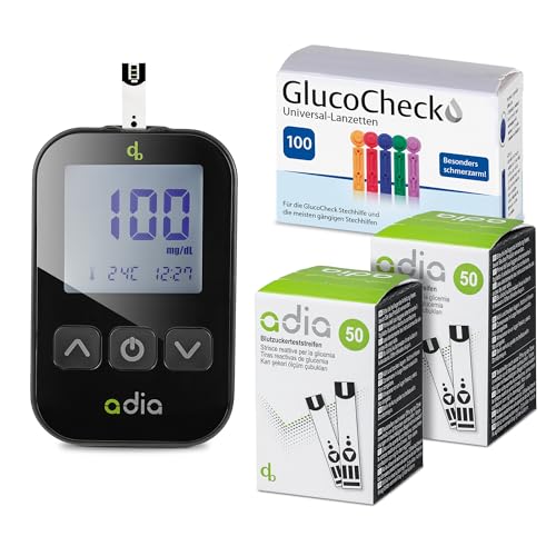 adia Blutzuckermessgerät (mg/dl) + 110 Blutzuckerteststreifen + 110 Universal-Lanzetten, Stechhilfe: Maxi-Sparset zur Blutzucker-Selbstkontrolle bei Diabetes von adia