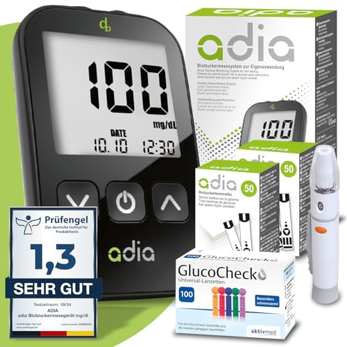 Maxi-Sparset : adia Blutzuckermessgerät (mg) + 110 Blutzuckerteststreifen, 110 Lanzetten, 1 Stechhilfe, 1 Etui, zur Blutzucker-Selbstkontrolle bei Diabetes von adia