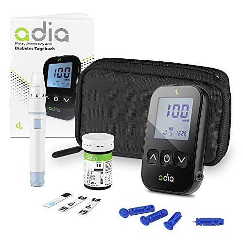 adia Blutzuckermessgerät (mg/dl) inkl. 10 Teststreifen für Diabetiker zur Selbstkontrolle des Blutzuckers bei Diabetes von adia