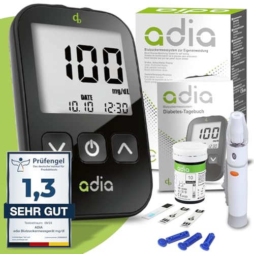 adia Blutzuckermessgerät (mg) inkl. 10 Teststreifen, 10 Lanzetten, 1 Stechhilfe. 1 Etui, für Diabetiker zur Selbstkontrolle des Blutzuckers bei Diabetes von adia
