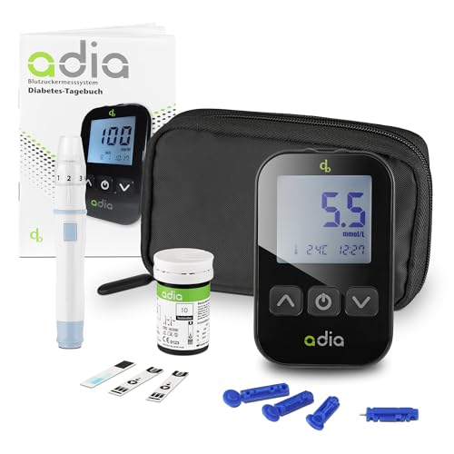 adia Blutzuckermessgerät (mmol/l) mit 10 Teststreifen - für Diabetiker zur Selbstkontrolle des Blutzuckers bei Diabetes von adia