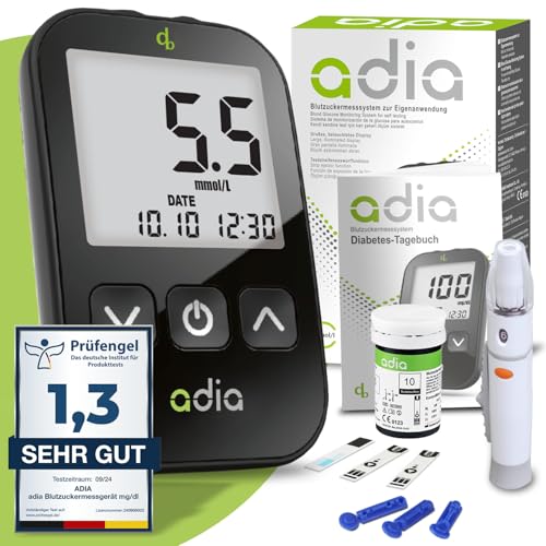 adia Blutzuckermessgerät (mmol/l) mit 10 Teststreifen, 10 Lanzetten, 1 Stechhilfe, 1 Etui - für Diabetiker zur Selbstkontrolle des Blutzuckers bei Diabetes von adia