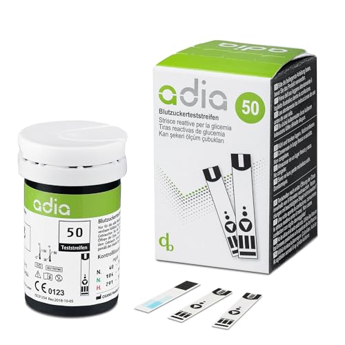 adia Blutzuckerteststreifen, 50 Stück, die günstige und einfache Blutzuckermessung zur Blutzucker-Kontrolle bei Diabetes von adia