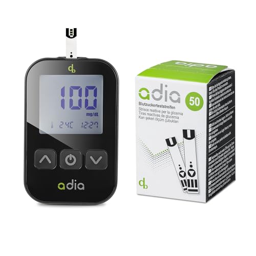 adia Diabetes-Set, Messeinheit mg/dl, mit 60 Blutzuckerteststreifen, Stechhilfe und 10 Lanzetten zur Blutzuckerkontrolle, Modell 2022 von adia