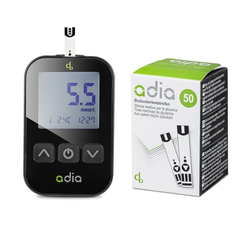 adia Diabetes-Set, Messeinheit mmol/L, mit 60 Blutzuckerteststreifen, Stechhilfe und 10 Lanzetten zur Blutzuckerkontrolle von adia