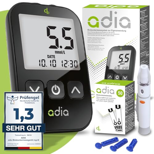 adia Blutzuckermessgerät (mmol) mit 60 Blutzuckerteststreifen, 10 Lanzetten, 1 Stechhilfe, 1 Etui, Sparset zur Blutzucker-Selbstkontrolle bei Diabetes von adia
