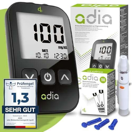 adia Blutzuckermessgerät (mg) mit 60 Blutzuckerteststreifen, 10 Lanzetten, 1 Stechhilfe, 1 Etui, Sparset zur Blutzucker-Selbstkontrolle bei Diabetes von adia