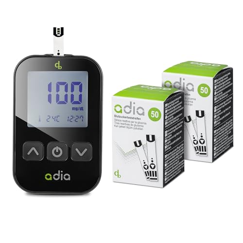 adia Diabetes-Starter-Set inkl. Blutzuckermessgerät (mg/dl) mit 110 Blutzuckerteststreifen, Stechhilfe und Lanzetten – Einfache Selbstkontrolle bei Diabetes von adia