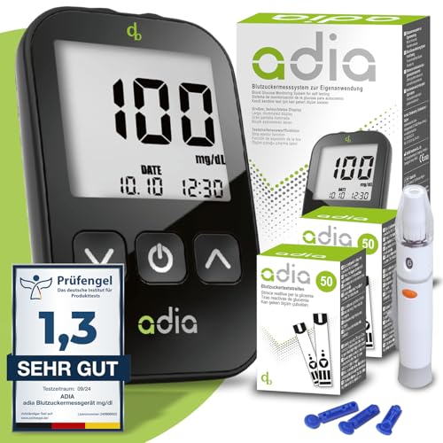 Sparset: adia Blutzuckermessgerät (mg) mit 110 Blutzuckerteststreifen, 10 Lanzetten, 1 Stechhilfe, 1 Etui, Einfache Selbstkontrolle bei Diabetes von adia