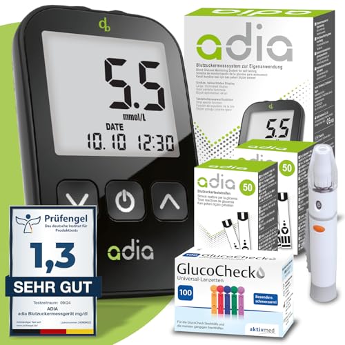 Maxi-Sparset : adia Blutzuckermessgerät (mmol) + 110 Blutzuckerteststreifen, 110 Lanzetten, 1 Stechhilfe, 1 Etui, zur Blutzucker-Selbstkontrolle bei Diabetes von adia