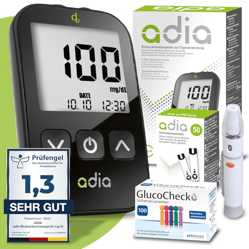 Komplett-Set: adia Blutzuckermessgerät-Set (mg/dl) + 60 Blutzuckerteststreifen + 110 Lanzetten, 1 Stechhilfe, 1 Etui, Diabetes-Test-Set für Zuhause von adia