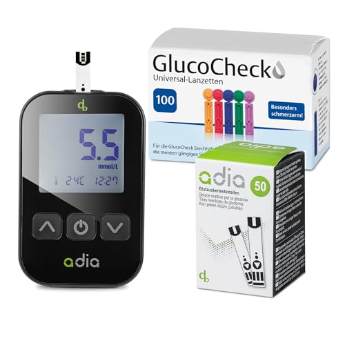 adia Vorteilspack Blutzuckermessgerät-Set (mmol/L) + 60 Blutzuckerteststreifen + 110 Lanzetten zur Kontrolle des Blutzuckers von adia