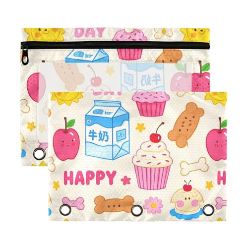 Cartoon Sun Cake Milk Colorful Home Management Binder with Clear Window Pencil Bags with Zipper Reinforced Grommets 3 Hole Binder for Office School Supplies Cosmetics Multicolor, 2 PCS von aidingzhi