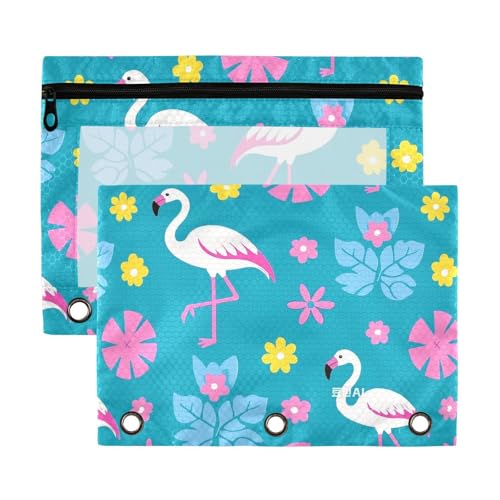 Elegantes Federmäppchen, Motiv: Flamingo, Blume, Pfirsich, Ringordner mit transparentem Fenster, großes Fassungsvermögen, 3 Ringe, Ordner für Klassenzimmer, Schule, Büro, mehrfarbig, 2 Stück von aidingzhi