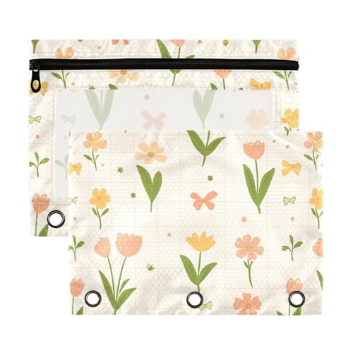 Fresh Little Flowers Binder-Organizer-Set mit transparentem Fenster, Bleistiftbeutel in verschiedenen Farben, 3 Ringe, Ordner zur Aufbewahrung von Schul- und Bürobedarf, mehrfarbig, 2 Stück von aidingzhi