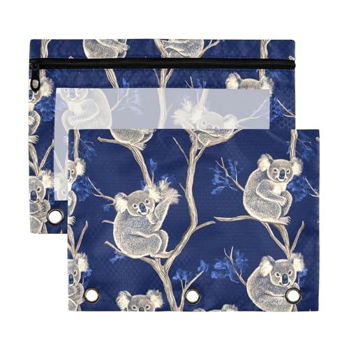 Koala Art Animals blauer Stifthalter mit transparentem Fenster, Federmäppchen, groß und stabil, 3 Ringe, Schule, Klasse, Büro, Organizer, mehrfarbig, 2 Stück von aidingzhi