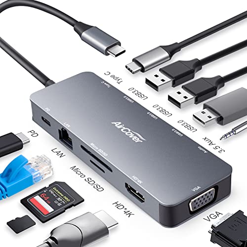 USB C Adapter, 11in1 USB C Hub mit 4K@30Hz HDMI, 100W Power Delivery, USB-C und 3 USB-A Datenports, 1 Ethernet, 3.5mm Audio, microSD/SD Speicherkartenleser von aircover