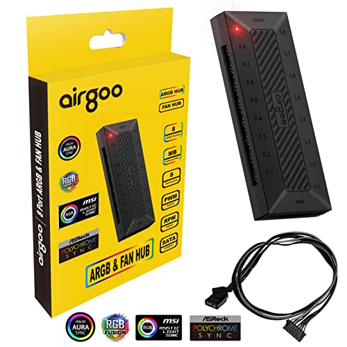 Airgoo PWM ARGB Lüfter-Hub, 8 Lüfteranschlüsse mit PWM Temperaturregelung Sync mit Motherboard, 8 adressierbare RGB-LED-Anschlüsse für 5 V 3-poliges Aura SYNC, MSI Mystic Light Sync, Sata-betrieben von airgoo