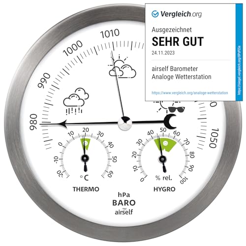 Wetterstation analog aus Edelstahl mit Barometer, Thermometer und Hygrometer für innen und außen Wetterstation analog aus Edelstahl mit Barometer, Thermometer und Hygrometer für innen und außen von airself