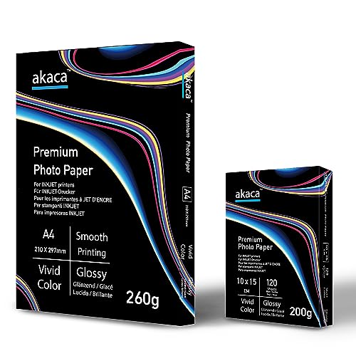 akaca Fotopapier Glänzend 260 g/m², Premium Glossy Photo Paper, Photopapier für alle Tintenstrahldrucker (260g A4 | 50 Blatt + 200g 10x15 | 120 Blatt) von akaca