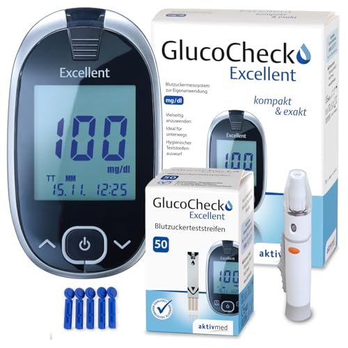 GlucoCheck Excellent Mess-System mg/dl inkl. 60 Blutzuckerteststreifen von aktivmed