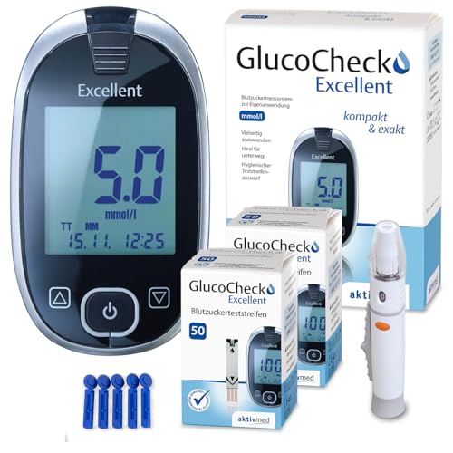 GlucoCheck Excellent Starter-Set [mmol/l] mit 110 Blutzuckerteststreifen von aktivmed