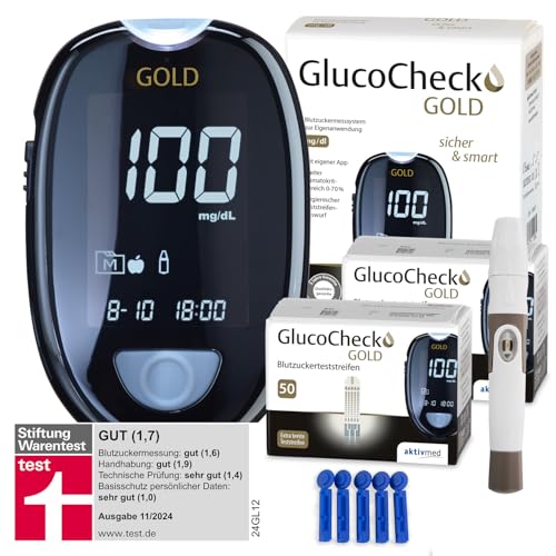 Maxi-Sparset: GlucoCheck GOLD Blutzuckermessgerät (mg/dl) + 110 Blutzuckerteststreifen, 10 Lanzetten, 1 Stechhilfe, 1 Etui, zur Blutzucker-Selbstkontrolle bei Diabetes von aktivmed