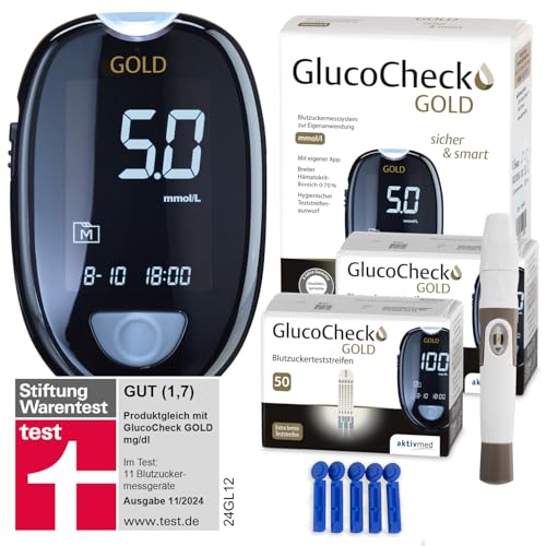 Maxi-Sparset: GlucoCheck GOLD Blutzuckermessgerät (mmol/l) + 110 Blutzuckerteststreifen, 10 Lanzetten, 1 Stechhilfe, 1 Etui, zur Blutzucker-Selbstkontrolle bei Diabetes von aktivmed