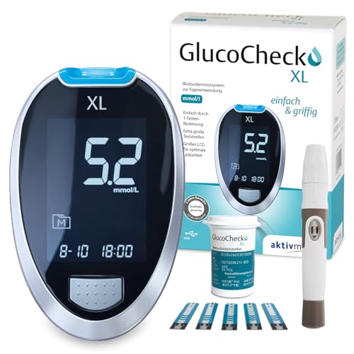 GlucoCheck XL Blutzuckermessgerät (mmol/l) inkl. 10 Teststreifen, 10 Lanzetten, 1 Stechhilfe, 1 Etui, Sparset zur Selbstkontrolle des Blutzuckers bei Diabetes von aktivmed