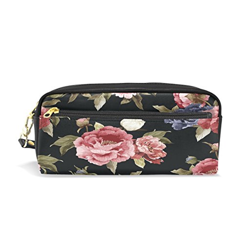 Federmäppchen Bedruckt mit Pfingstrosen-Blumenmuster in Wasserfarben, Reisetäschchen, Make-up-Tasche, große Kapazität, wasserdicht, Leder, 2 Fächer, für Mädchen, Jungen, Damen, Herren von alaza