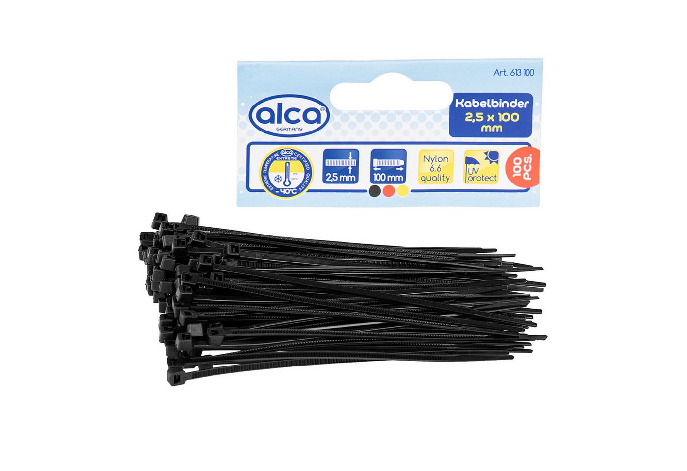 alca Kabelbinder Kabelbinder 2,5*100mm 100 St. schwarz 8 Kg zugfest UV-beständig (Set, 100-St) von alca