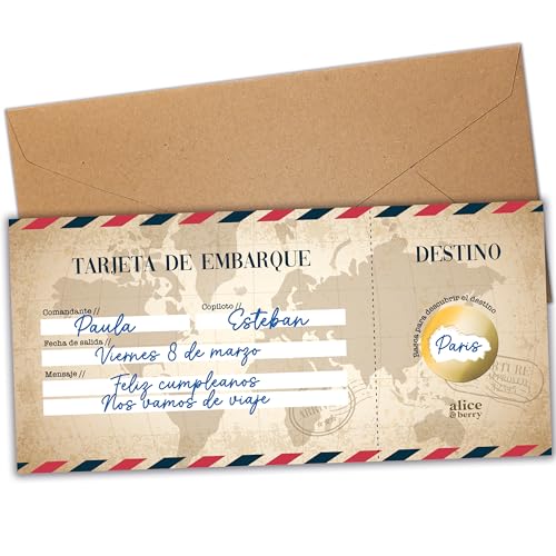 Rubbeln und gewinnen Sie Überraschungsreise, personalisierte Bordkarte zum Verschenken, Flugticket, Geburtstagsgeschenk, spanische Sprache, Vintage-Modell (1 Karte) von aliceandberry