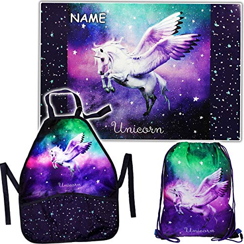 Set: große - Schreibtischunterlage + Schürze + Beutel - Einhorn - Pegasus/Unicorn - inkl. Name - Kinderschürze - Unterlage - 60 cm * 40 cm - abwischbar - Sc.. von alles-meine.de GmbH