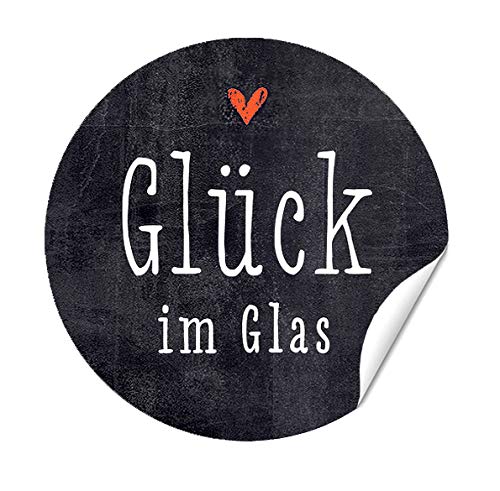 Aufkleber Etikett "Glück im Glas" mit rotem Herzchen, auf TAFEL-LOOK, Etiketten rotes Pesto, Marmeladeetiketten, Sticker, 40mm von almira Design