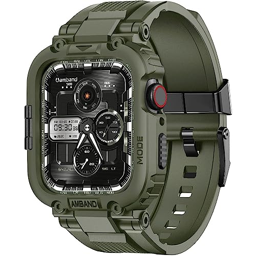 amBand Armband Kompatibel mit Apple Watch 9/8 45mm mit Schutzhülle, M1 Serie Sport Gehäuse Robust Hülle mit Band für iWatch Serie 8/7/SE/SE2/6/5/4/3/2/1 42mm 44 mm 45 mm Herren ArmeeGrün von amBand