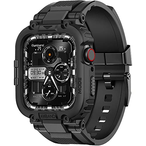 amBand Armband Kompatibel mit Apple Watch 9/8 45mm mit Schutzhülle, M1 Sport Serie Gehäuse Robust Hülle mit Band für iWatch Serie 8/7/SE/SE2/6/5/4/3/2/1 42mm 44 mm 45 mm Herren Schwarz von amBand