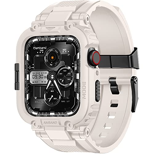 amBand Armband Kompatibel mit Apple Watch 9/8 45mm mit Schutzhülle, M1 Sport Serie Gehäuse Robust Hülle mit Band für iWatch Serie 9/8/7/SE/SE2/6/5/4/3/2/1 42mm 44 mm 45 mm Herren Starlight von amBand