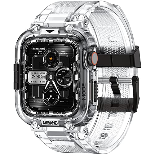 amBand Armband Kompatibel mit Apple Watch 9/8 45mm mit Schutzhülle, M1 Sport Serie Gehäuse Robust Hülle mit Band für iWatch Serie 9/8/7/SE/SE2/6/5/4/3/2/1 42mm 44 mm 45 mm Herren Transparent von amBand