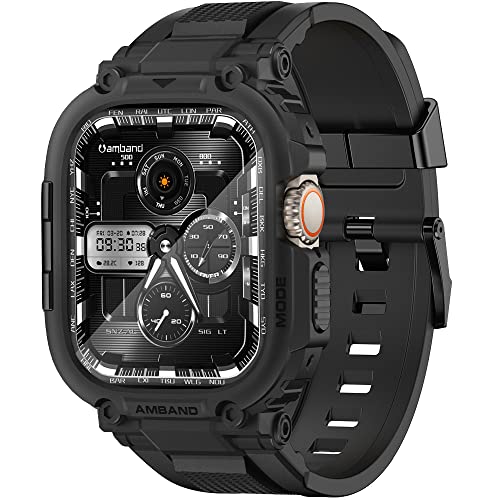 amBand Armband und Hülle Displayschutz Kompatibel mit Apple Watch Ultra 2/1 49mm, M1 Sport Serie Rugged Armbänder und Panzerglas Schutzhülle, Military Glas Case für iWatch 49 mm Herren Schwarz von amBand